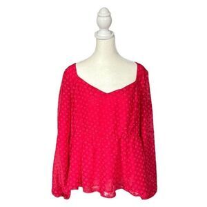 Torrid Peplum Chiffon Clip Heart Red Long Sleeve Sweetheart Neckline Blouse Sz 1